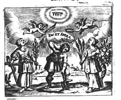 A man spading in a landscape with a river; a woman holding an anchor and an olive(?)-branch (Hope) and a woman holding an ear of corn and a Cornucopia (Abundance), are flanking him; a cupid holding a palm-branch and a cupid holding a laurel, flying above them; Jahweh-tetragram