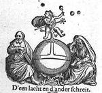 Orb with, sitting on the cross, a small boy or girl with a fluttering cape, a toy, blowing bubbles; the orb is flanked by two sitting men, both holding a book; one is laughing, the other, his head covered by a veil, is crying