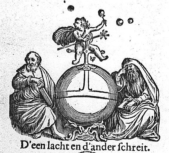 Orb with, sitting on the cross, a small boy or girl with a fluttering cape, a toy, blowing bubbles; the orb is flanked by two sitting men, both holding a book; one is laughing, the other, his head covered by a veil, is crying