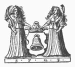 Crowned coat of arms of Franeker (a bell) held by two women with palm-branches; initials "S.P.Q.F."