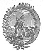 A man spading, in a landscape; Jahweh-tetragram; a laurel-branch and a palm-branch as frame