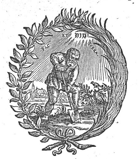 A man spading, in a landscape; Jahweh-tetragram; a laurel-branch and a palm-branch as frame