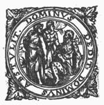 Job, covered with sores, on the dung-hill, visited by his friends, or his wife and a friend; possibly rays of light symbolize God's presence; decorated frame