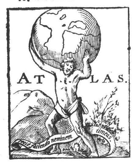 Atlas carrying a globe; banderole with inscription
