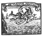 Mercury (with Petasus, Caduceus and winged sandals) flying above a waterscape; banderole with inscription