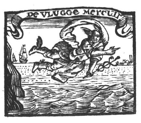Mercury (with Petasus, Caduceus and winged sandals) flying above a waterscape; banderole with inscription