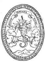 Two hands holding a cornucopia, banderole with inscription; decorated frame