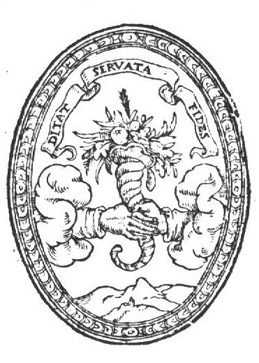 Two hands holding a cornucopia, banderole with inscription; decorated frame