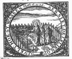 'Consider the lilies of the field'; Christ with two disciples in a garden, pointing towards the lilies; frame decorated with flowers and cornucopiae