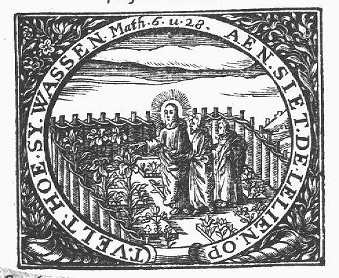 'Consider the lilies of the field'; Christ with two disciples in a garden, pointing towards the lilies; frame decorated with flowers and cornucopiae