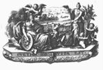 Minerva (helmet, lance, Aegis, owl), at her feet a putto with an open book, before a depiction of a harvest held up by a putto and Ceres (crown, sheaf of corn held by two putti)