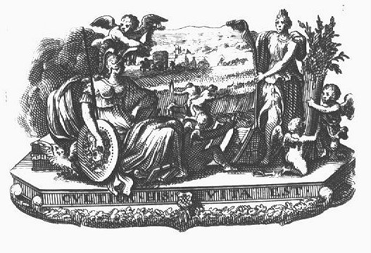 Minerva (helmet, lance, Aegis, owl), at her feet a putto with an open book, before a depiction of a harvest held up by a putto and Ceres (crown, sheaf of corn held by two putti)