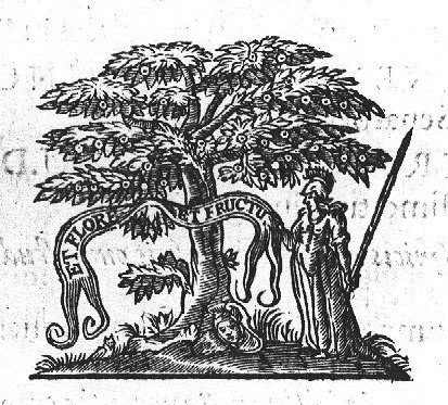 Minerva (lance, helmet, Aegis, owl) standing next to a tree bearing fruit, holding a banderole