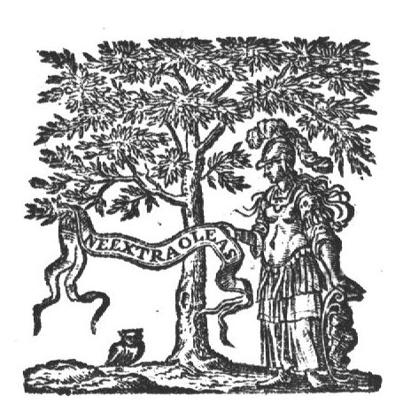 Minerva (helmet, Aegis, owl) standing next to an olive-tree, holding a banderole