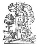 Minerva (helmet, lance with banner with coat of arms of Utrecht and inscription, owl, Aegis), a caduceus, in the background an olive tree