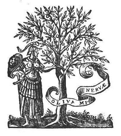 Minerva (Aegis, helmet and sword), standing next to an olive-tree, holding a banderole