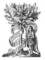 Apollo (playing the lyre) standing next to a laurel around which an inscribed banderole is coiled