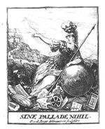 Minerva (helmet, undecorated shield, lance), turned towards the sun, surrounded by various objects: musical instruments, book; in the background: a building on a hill
