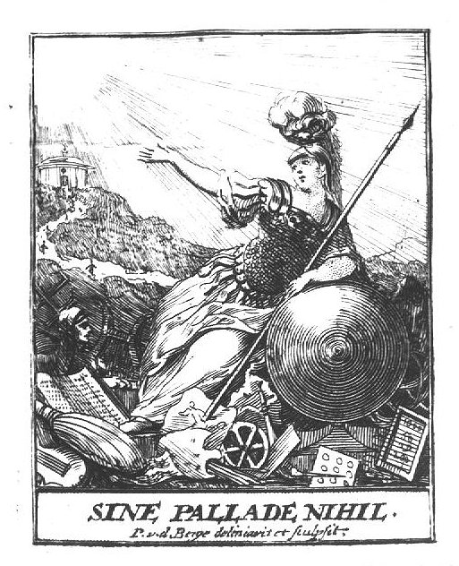Minerva (helmet, undecorated shield, lance), turned towards the sun, surrounded by various objects: musical instruments, book; in the background: a building on a hill