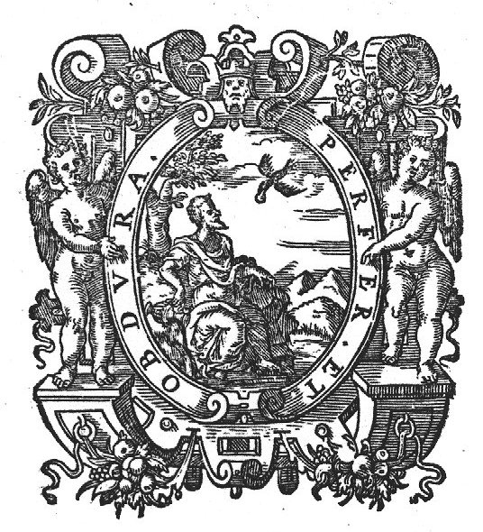 Elijah fed by the ravens (Dutch: 'raven'): the prophet, living by the brook is pouring a fluid on the ground from a jar; a raven is bringing him food; frame decorated with fruits and festoons, putti holding the cartouche, a head with a crown