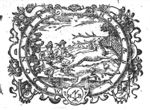 Hunters and dogs chasing a deer; frame decorated with 'Hausmarke' and initials "H.B."