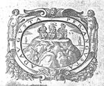 A man ascending a rock on which the Three Theological Virtues are seated (Faith, holding a cross and a chalice, Hope, with folded hands in front of the chest and Charity, with two children); ships in the background; frame decorated with putti, festoons and cherubs