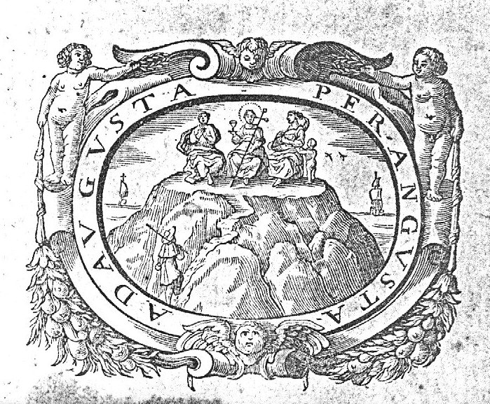 A man ascending a rock on which the Three Theological Virtues are seated (Faith, holding a cross and a chalice, Hope, with folded hands in front of the chest and Charity, with two children); ships in the background; frame decorated with putti, festoons and cherubs