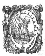A man cutting a branch from a tree with a sickle; frame decorated with festoons held by angels(?)