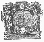 Three men at work in a printing office: one is rolling ink-balls, two are operating presses; a barrel on the floor; elaborate frame decorated with personifications of Painting (woman with laurel wreath, palette and maulstick) and Poetry (woman with laurel wreath, quill and folded paper), putti, coats of arms