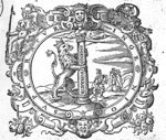 A column held by a crowned lion; in the background a man digging, two men (in discussion?); elaborate frame decorated with Minerva (helmet, lance and shield), Mercury (caduceus and petasus), crowned head, mascaron, festoons and birds