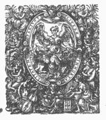 A sitting woman with wings at the shoulder, holding a trumpet and an Ouroboros (Fame); elaborate frame with cherub and nine women, eight of whom are making music, the ninth is reading (~Muses?)