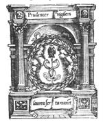 Caduceus crowned by an owl, framed by a laurel wreath in the centre of a niche; banderole with inscription