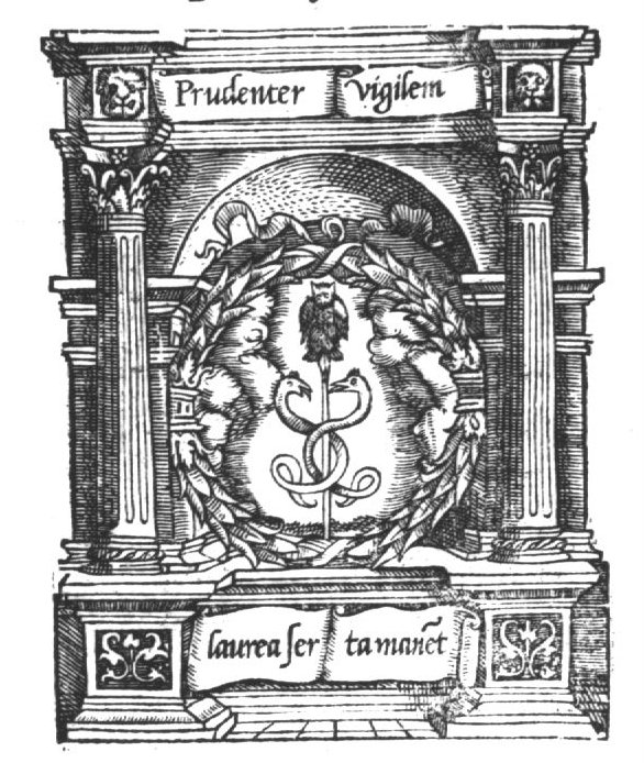 Caduceus crowned by an owl, framed by a laurel wreath in the centre of a niche; banderole with inscription