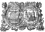 A combination of two devices within a decorative framework: (1) Open book, bible, with text; Jahweh-tetragram; (2) Castle (Dutch: 'burcht') with two men: one hammering (Dutch: 'kloppen') against the door, one on top of the castle, the initials "I.E.C."; frame decorated with festoons, a cherub, hybrid beings of mixed human and animal shape, and a 'Hausmarke' with initials "I.E.C."(?)