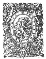 Samson (Fortitudo) tearing open the mouth of a lion; elaborate frame with smoking pots, putti, festoons, open books and hybrid