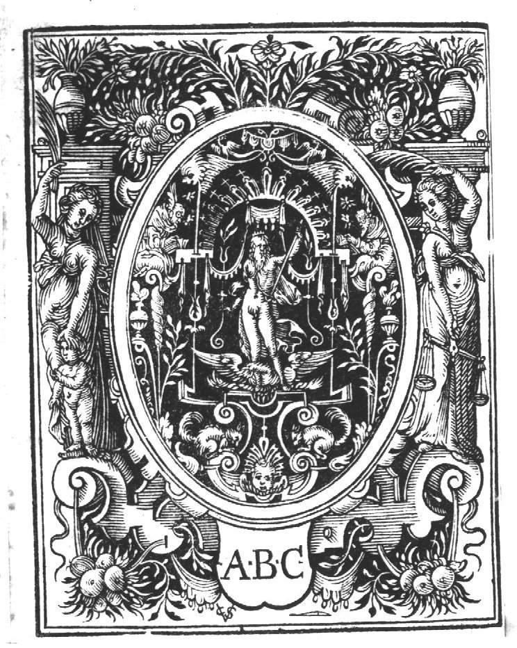 Jupiter (with crown, sceptre and eagle); frame decorated with personifications of Charity (woman holding one hand on the head of a child and a palm-branch in the other) and Justice (woman with scales and palm-branch); shield with inscription "A.B.C."