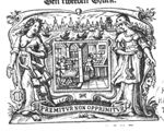 In a rectangular frame a scene of three men at work in a printing office: one is operating a press, another is standing behind him, a third one is standing at a typecase; on one side of the central scene the 'virgo Dordracena' (woman personifying the city of Dordrecht, a stream of books falling from her lap, a coat of arms of Dordrecht in her hand); on the other side Minerva (helmet, reins, Aegis-variant?); a city-view of Dordrecht in the background; banderole with inscription