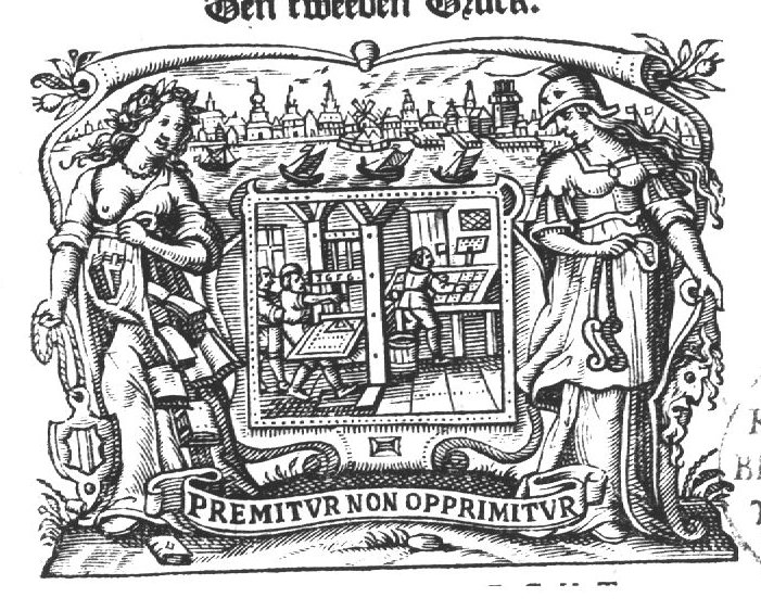 In a rectangular frame a scene of three men at work in a printing office: one is operating a press, another is standing behind him, a third one is standing at a typecase; on one side of the central scene the 'virgo Dordracena' (woman personifying the city of Dordrecht, a stream of books falling from her lap, a coat of arms of Dordrecht in her hand); on the other side Minerva (helmet, reins, Aegis-variant?); a city-view of Dordrecht in the background; banderole with inscription