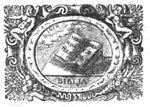Open book, bible, with text; Jahweh-tetragram; frame decorated with putti holding a flower, and cornucopiae