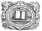 Open book on a table; cloud and sunlight above it; frame decorated with putti holding a palm-branch, and festoons