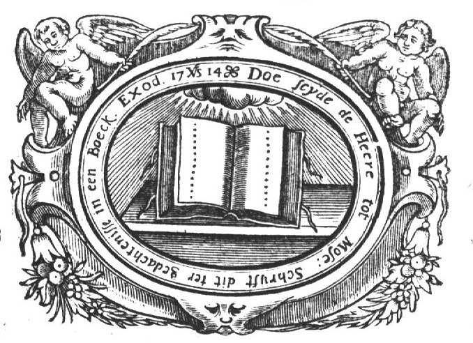 Open book on a table; cloud and sunlight above it; frame decorated with putti holding a palm-branch, and festoons