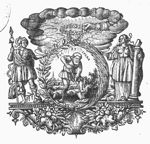 A man spading, in a landscape, framed by a laurel-branch and a palm-branch the frame is held by Strength (a man dressed as a 'Roman' soldier holding a lance and resting one foot on a helmet), and on the other side, by Constancy (a woman holding a broken column); a hand holding a laurel appears from the clouds