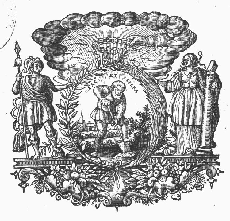 A man spading, in a landscape, framed by a laurel-branch and a palm-branch the frame is held by Strength (a man dressed as a 'Roman' soldier holding a lance and resting one foot on a helmet), and on the other side, by Constancy (a woman holding a broken column); a hand holding a laurel appears from the clouds