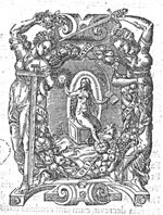 Truth: a naked woman, on a cubical seat, holding the sun represented as a face, a palm-branch and an open book, the right foot resting on a globe; a wreath decorated with fruit and with inscribed banderole as frame; Faith (a woman with a cross and a laurel wreath) and Justice (a woman with a sword and a pair of scales) support the garland framing Truth