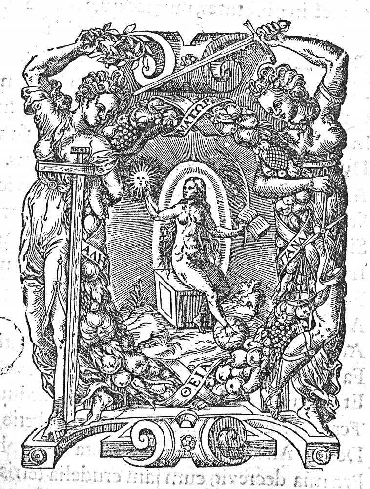 Truth: a naked woman, on a cubical seat, holding the sun represented as a face, a palm-branch and an open book, the right foot resting on a globe; a wreath decorated with fruit and with inscribed banderole as frame; Faith (a woman with a cross and a laurel wreath) and Justice (a woman with a sword and a pair of scales) support the garland framing Truth
