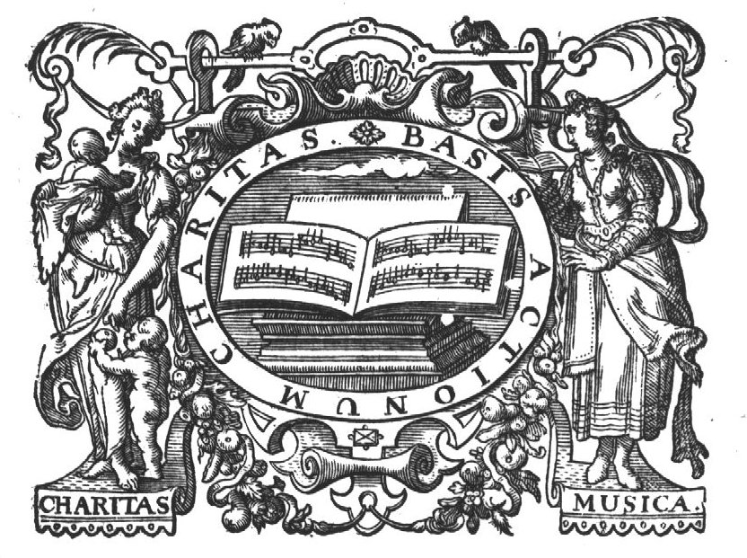 Open book with notation of music; rich frame decorated with personifications of Charity (woman with two children, one of which is holding an apple) and Music (woman with an open book), birds, foliage and festoons