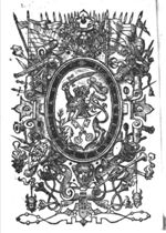 Coat of arms of Leiden, held by a lion, wearing a helmet and holding a sword; very elaborate frame decorated with weaponry, flags, musical instruments, hybrids, and torches
