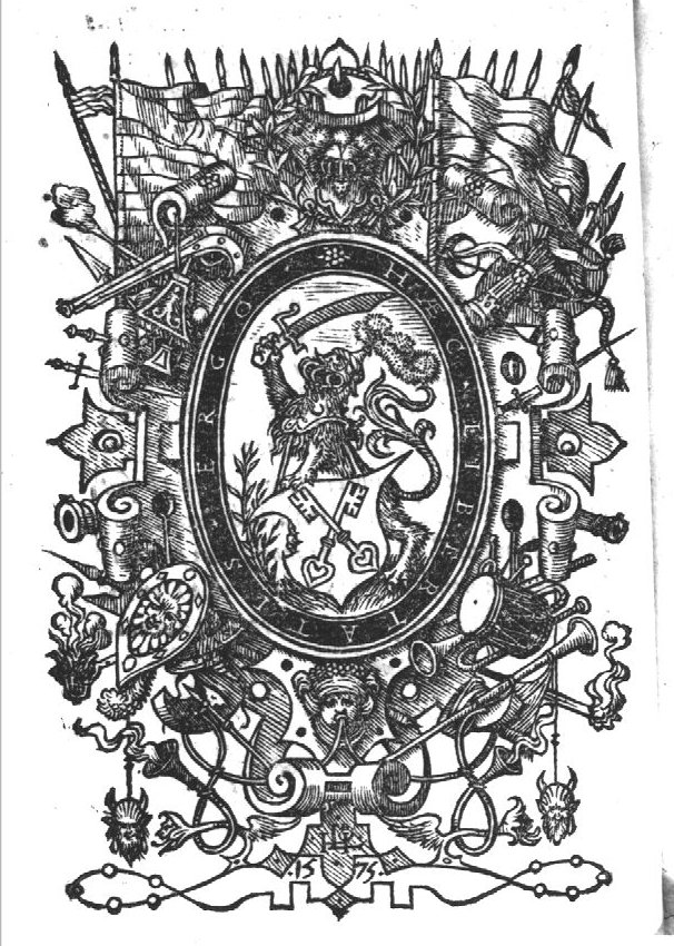 Coat of arms of Leiden, held by a lion, wearing a helmet and holding a sword; very elaborate frame decorated with weaponry, flags, musical instruments, hybrids, and torches