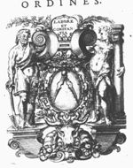 A man with a spade (Labour) and a woman holding a column (Constancy) hold a laurel wreath over compasses on a cartouche with a frame of scrollwork; a bucranium, Cornucopiae