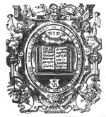 Open book, bible, with text; Jahweh-tetragram; elaborate frame decorated with naked boys trumpeting, vases and festoons; 'Hausmarke' with monogram "L.V.B."